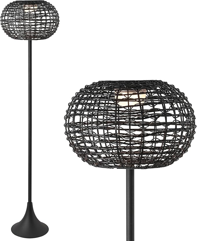 JONATHAN Y 58" Black Modern Outdoor Solar Floor Lamp, Waterproof LED Standing Light for Patio, Deck, Porch, Faux Rattan Shade, USB-C Rechargeable, Coastal Decor JYL2601A