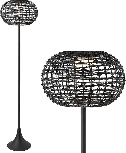 JONATHAN Y 58" Black Modern Outdoor Solar Floor Lamp, Waterproof LED Standing Light for Patio, Deck, Porch, Faux Rattan Shade, USB-C Rechargeable, Coastal Decor JYL2601A