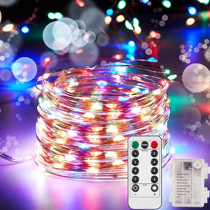 2 Pack 65.6 Ft. Battery Operated Outdoor String Lights with Remote & Timer, LED Multi Color Fairy Lights, Waterproof Twinkle Lights for Bedroom, Dorm, Mason Jar, Wedding, Party, Christmas