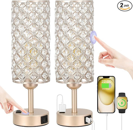 Touch Table Lamps for Bedrooms Set of 2-3 Way Dimmable Champagne Gold Crystal Lamps with Crystal Shade, Bedside Nightstand Lamp for Living Room Bedroom Home Office