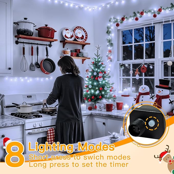 Ollny Christmas Lights 200LED 60FT Indoor, Cool White Connectable Plug in String Light Outdoor, 8 Modes Waterproof Timer LED Fairy Lights for House Outside Bedroom Patio Balcony