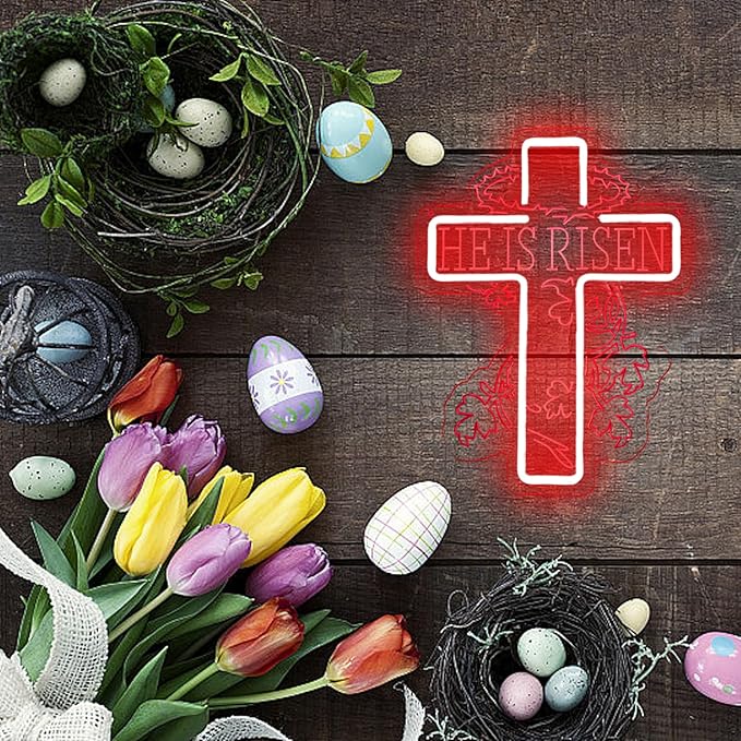 He Is Risen Neon Sign Cross Easter Neon, Dimmable LED Neon for Wall Decor Bedroom Home Room Party Decor, LED Neon Light for Wedding Christmas Easter Celebrations New Year Gift