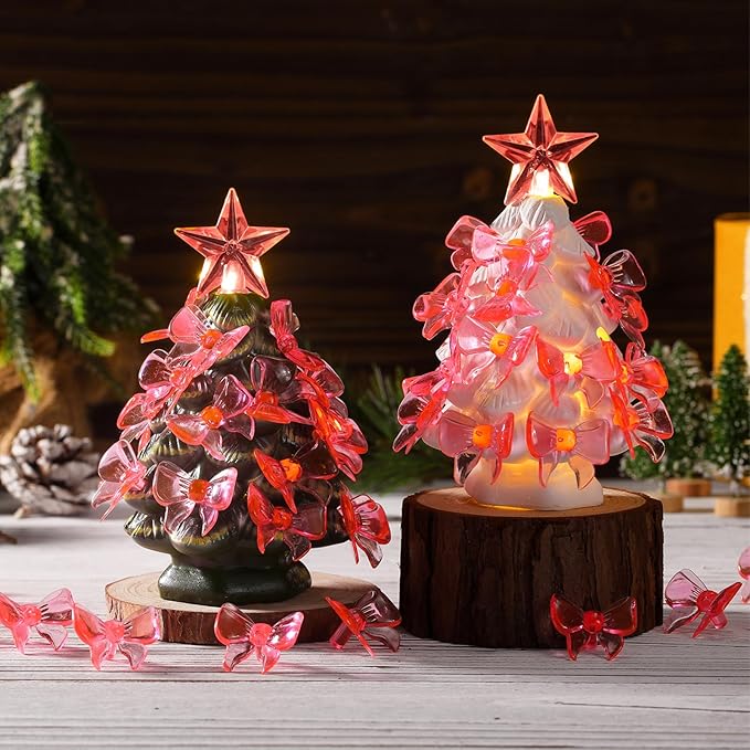 Soulchen 200 Pcs Ceramic Christmas Tree Replacement Lights Bulbs Acrylic Pink Bow Light Pegs Ornaments for Christmas Tabletop Ceramic Tree Decoration