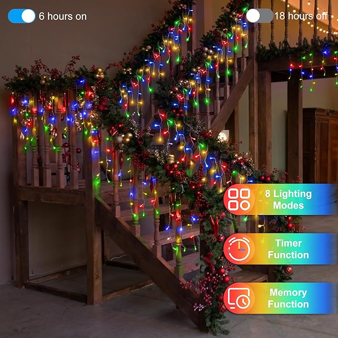 66 FT LED Christmas Lights with 140 Drops, 490 LED Indoor Outdoor Christmas Decorations, 8 Lighting Mode Waterproof Fairy Lights with Timer for Xmas Holiday Wedding Yard Party Multicolor