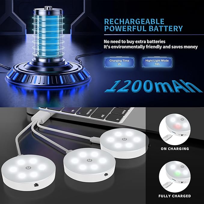 Puck Lights with Remote Control, Magnetic Under Cabinet Lighting, 1200mAh Rechargeable Stick On Lights for Under Cabinet, Hallway, Stairway, Closet (Cool White, 6pcs)