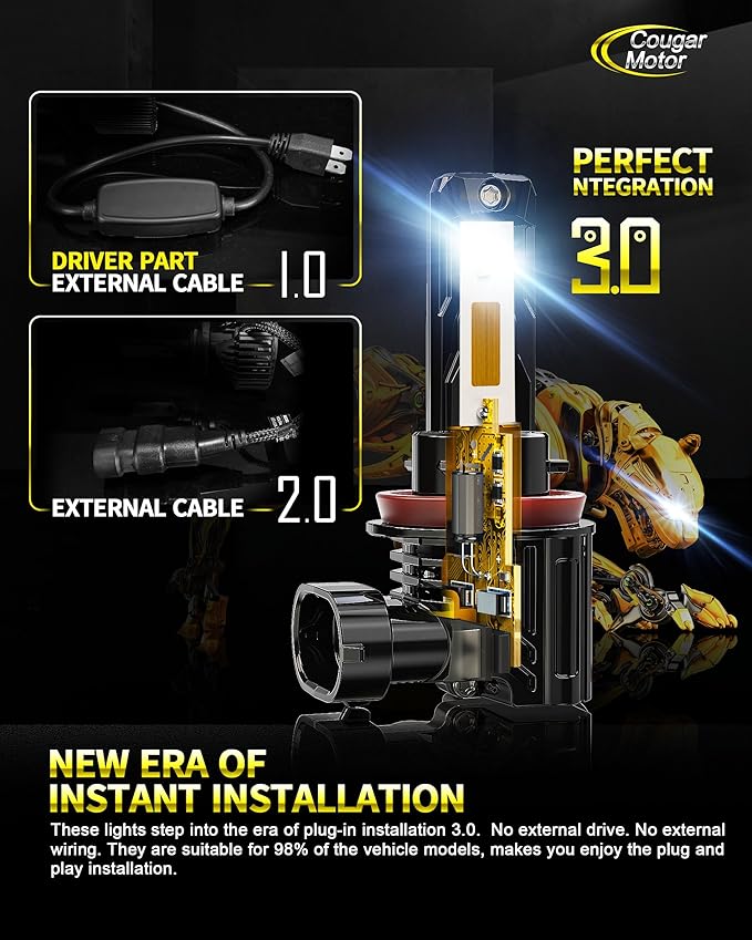 Cougar Motor 9005 H11 Bulbs, HB3 H8 H9 Fog Lights Bulb Combo (2 Sets) Wireless 6500K Slim Compact Design Non-polarity Fog Light Driving Light Bulbs, Plug-N-Play Pack of 4