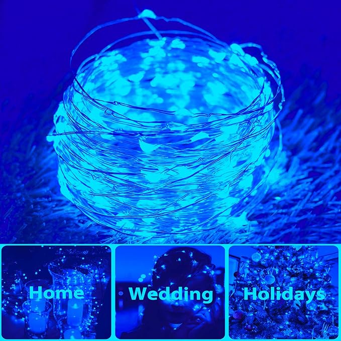 2 Pack Total 200 LED 66FT Solar Powered Copper Wire String Lights Outdoor, Waterproof, 8 Modes Fairy Lights for Garden, Patio, Party, Yard, Christmas (Blue)