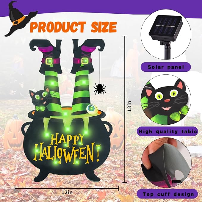 Halloween Lighted Garden Flag for Outside, Led Solar Yard Flag 8 Modes Witch Feet Shape Flag, 28x43 Double Sided Cauldron Eyeball Black Cat Decorations for Home Porch
