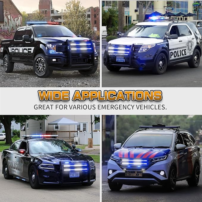 XRIDONSEN 2PCS 24 inch Truck Blue White Emergency Grill Lights Strip 288 LED Grille Strobe Lights Flashing Warning Safety Waterproof First Responder Lights for Firefighter Police Vehicles Fire Trucks