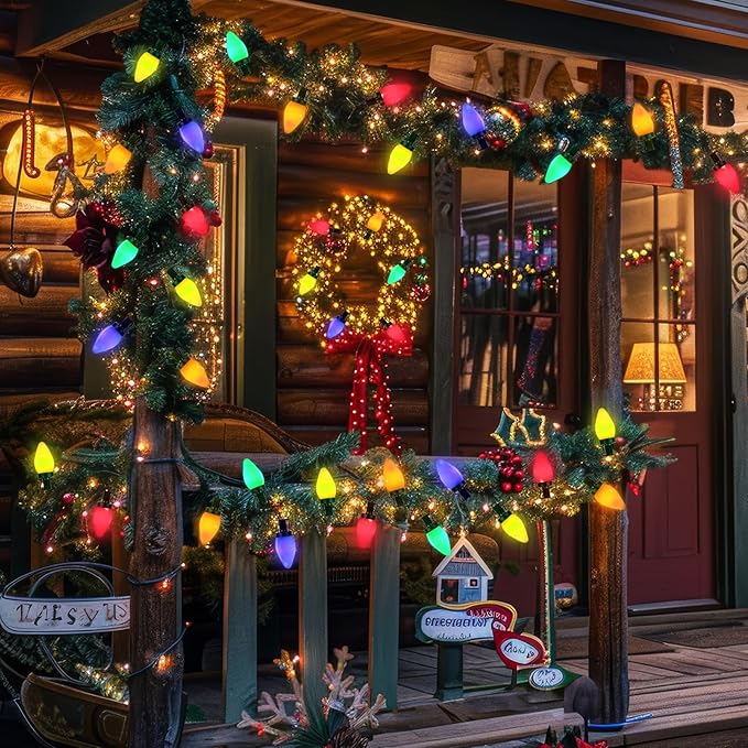 50 LED C7 Christmas Lights Battery Operated 24Ft C7 Christmas Lights C7 Christmas String Lights Remote Timer 8 Lighting Modes for Indoor Outdoor Room Garden Yard Roof Tree Party Christmas Decor