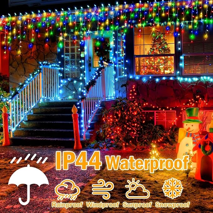 98FT 960 LED Christmas Lights, Waterproof 8 Modes Ice Lights for Outside with Memory and Timer Hanging Fairy Lights Plug-in Curtain String Lights for Holiday Party Wedding Home (Multicolor)