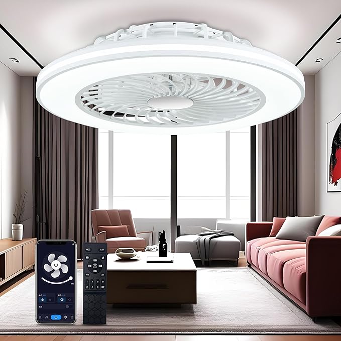 24'' Low Profile Bladeless Ceiling Fans with Lights, Remote/APP Control, 3CCT Dimmable, Flush Mount Ceiling Fan with 6-Speed Reversible for Bedroom Living Room Kid's Room