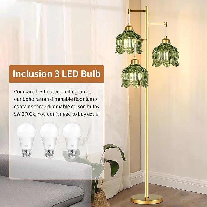 Glass Floor Lamp for Living Room,Bedroom,Gold Mid Century Modern Standing Lamp Brass Tree 3 Light Tall Floor Lamps Vintage Retro Floor Lights Green Flower Lamp Shade Farmhouse Boho Bohemian