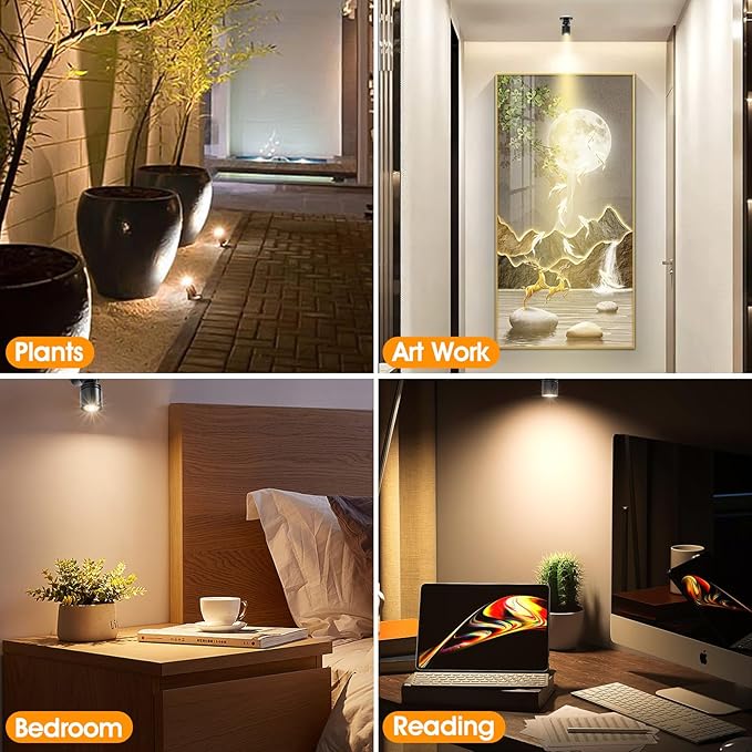 DEDC 6pcs LED Mini Spot Light, 3000K Spotlights with RF Dimmer, Art Picture Lights, Closet Spotlight for Plants Jewelry Showcase Model Display Shelves (Warm White-Remote Control-U.S. Plugs)