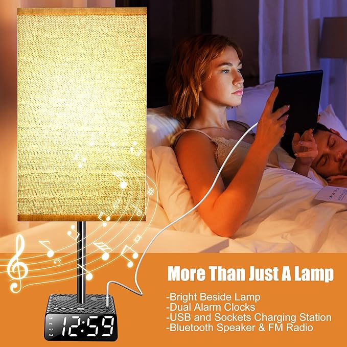 Yostyle Table Lamp with Alarm Clock Base, Bedside Lamp,2 USB & 1 AC Power Outlets, FM Radio & Speaker 6Ft Extension Cord - Square Black Fabric Lampshade,Touch Control Ideal for Bedrooms Living Rooms