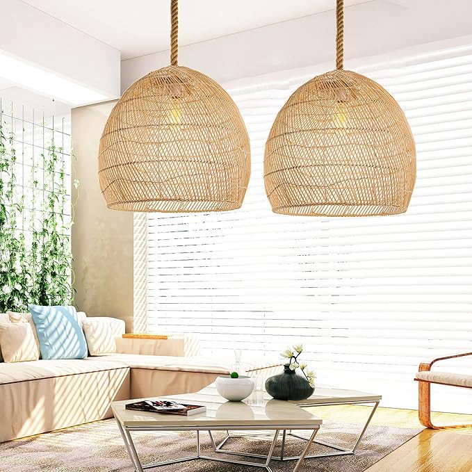 Arturesthome 1 Light Natural Rattan Pendant Light Fixture,Woven Pendant Light Wicker Chandelier,Hanging Ceiling Light,Handmade Lampshade,Rope Lamp for Kitchen Island W19.6in X H 17.7in