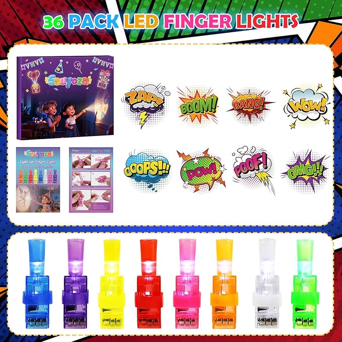 36 Pack Super Theme Hero Party Favors LED Finger Lights for Kids, Glow in the Dark hero Birthday Party Supplies, Goodie Bag Stuffers Classroom Treasure Box Prizes