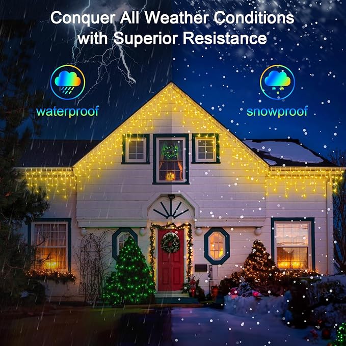 66FT 670 LED Christmas Lights 148 Ice Drops, 12 Modes and Timer Memory Dimmable, Outdoor Waterproof Hanging String Light for Xmas Holiday Wedding Garden Fence House Tree Outside Decor (Warm White)
