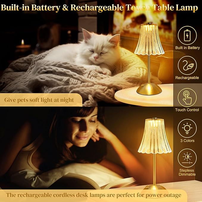 Cordless Table Lamps for Bedroom,Gold Cordless Battery Operated Table Lamp Rechargeable Decorative Bedside Dimmable Nightstand Lamp Small Touch Crystal Table Lamp,3 Color LED Lamp 2600mAh (Vintage)