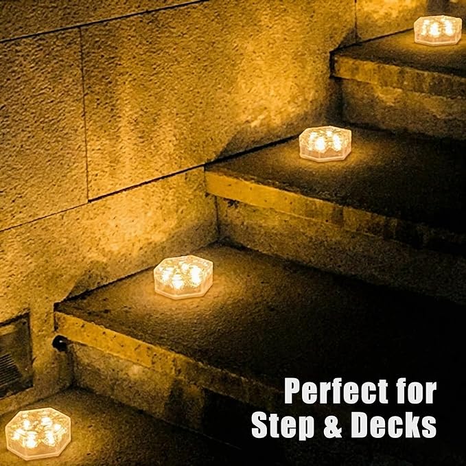 Solar Brick Lights Outdoor Waterproof - Recessed Solar Paver Lights, Ice Brick Design, No Wiring Needed,Landscape Lighting for Pathway,Garden, Patio, Yard, Driveway Decor (6, Warm White, Hexagon)