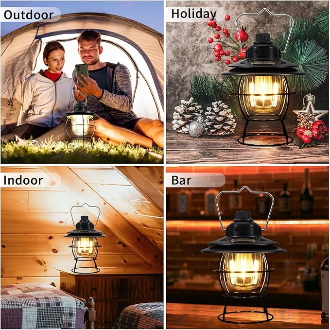 LED Camping Lantern Rechargeable,Vintage Lanterns for Power Outages,Retro Style,3 Light Modes with Dual Lamp Beads,Stepless Dimming,Portable Hanging Tent Light for Hurricane,Emergency,Indoor(Black)