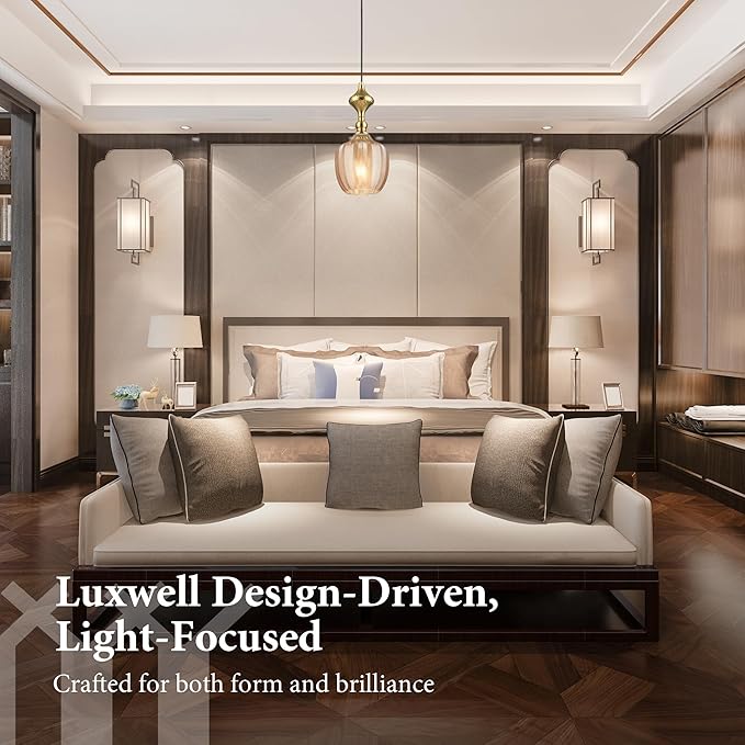 Modern Glass Pendant Light, 6.5"x14" Amber Sunset-Striped Hanging Fixture with Gold Cap, 15"-72" Adjustable Line, E26 Socket for Dining Room or Lounge – Sunset Gold Bordeaux