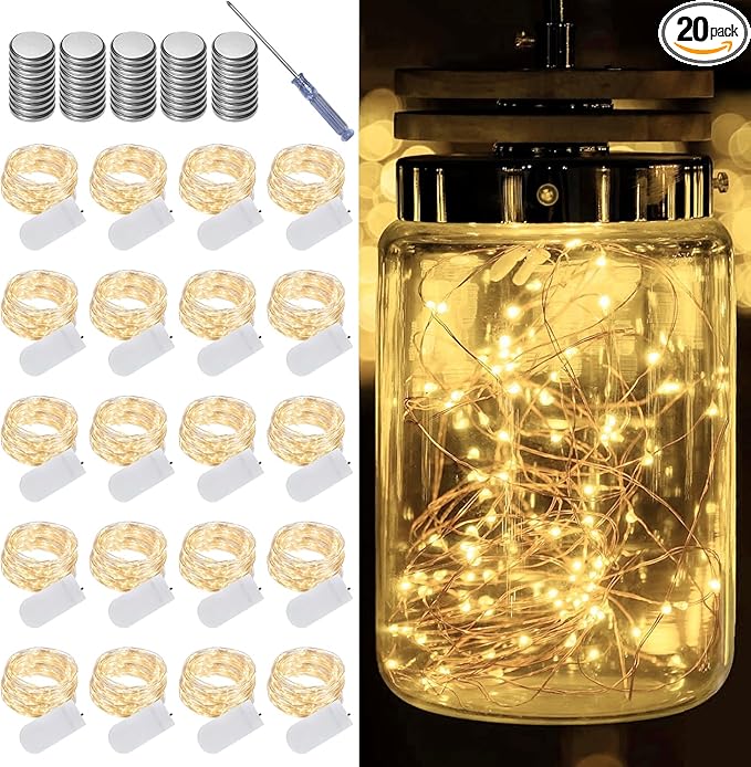 20 Pack Warm White fairy lights battery operated, 7ft 20 LED Valentine's Day String Lights Copper Wire Firefly Starry Lights for Mason Jars Wedding Party Christmas centerpieces for tables Decorations