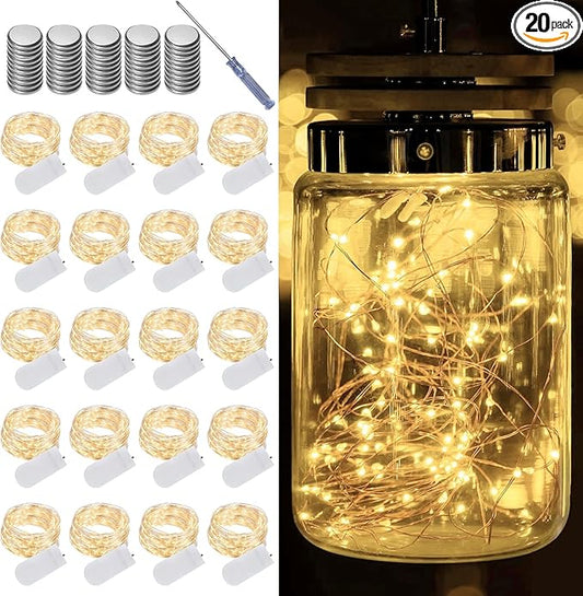 20 Pack Warm White fairy lights battery operated, 7ft 20 LED Valentine's Day String Lights Copper Wire Firefly Starry Lights for Mason Jars Wedding Party Christmas centerpieces for tables Decorations