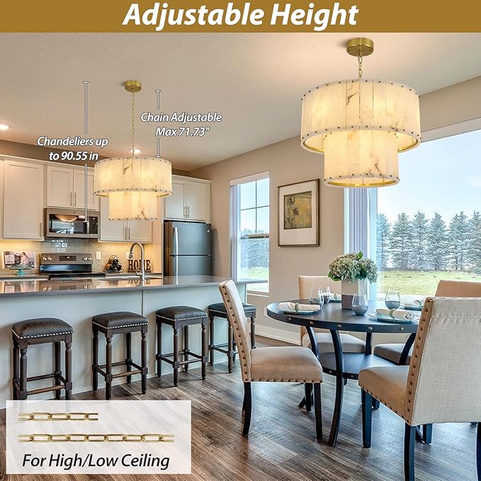 Alabaster Chandelier D24in Spanish Natural Marble Round Chandeliers,2 Tiers Alabaster Pendant Light,Modern Dining Room Chandelier, Dimmable Gold Chandeliers for Bedroom,Foyer,Bathroom,Entryway