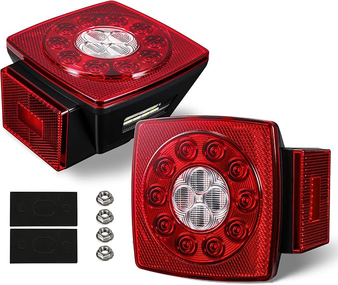 Partsam 12V Submersible Square Led Trailer Lights, Red White LED Stop Turn Tail Reverse Backup License Side Marker Running Light Lamp for Trailers Under 80", Truck, IP68, Red Clear Lens