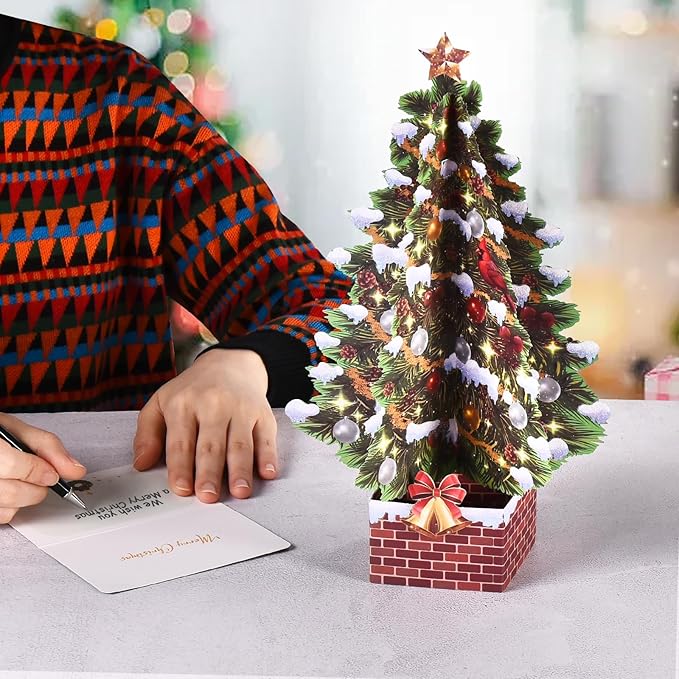 Pop Up Christmas Cards, 12 Inch Christmas Tree with Snow Scenery Design, 3D Paper Popup Greeting Card for Christmas with Envelop & Note Card, Foldable Keepsake Xmas Holiday Cards -2 Pack