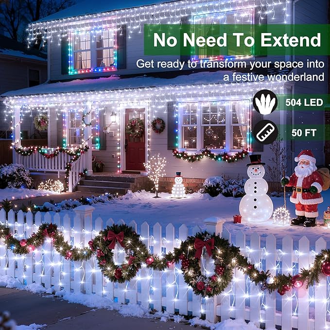504 LED Christmas Lights with 112 Drops, 50ft 12 Modes Cool White Fairy String Lights with Timer Dimmable, Waterproof Twinkle Lights for Indoor Outdoor Holiday Wedding Party Eaves Yard Christmas Decor