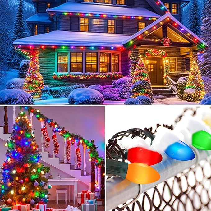 C7 LED Multicolor Christmas Lights 20Ft Outdoor String With 22 Ceramic Bulbs, Hanging Vintage Decorations for Party Indoor Outdoor, Green Wire