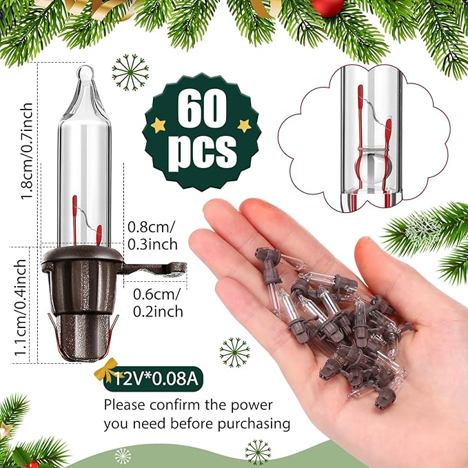Mudder 60 Count Christmas Replacement Mini Light Bulbs with Base Christmas Tree Incandescent Wire String Lights Replacement Bulbs for Xmas Indoor Outdoor Decoration(Brown Base Warm White,12vx0.08a)