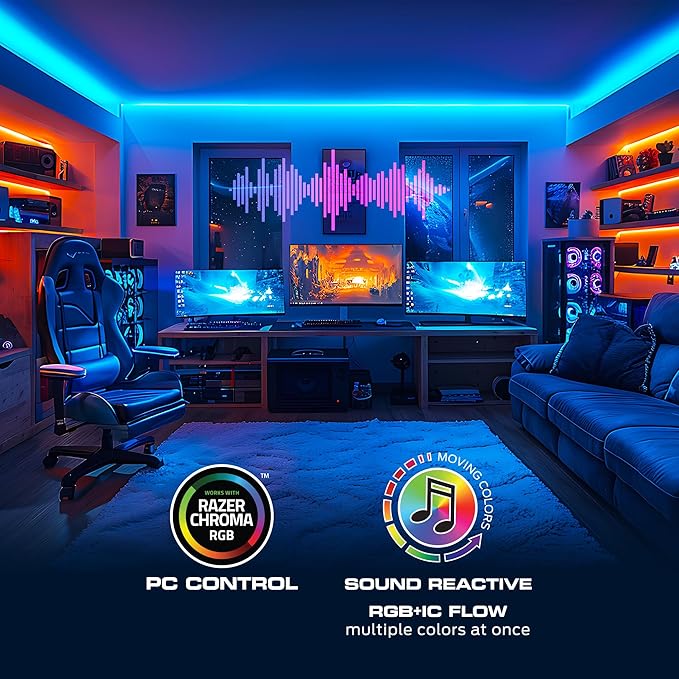 Monster Smart RGB+IC LED Strip Lights – Sound Reactive Strip Lights for Bedroom, App & Voice Control, RGB Light Strip for Room, Alexa Google Home, Razer Chroma Sync (100ft)