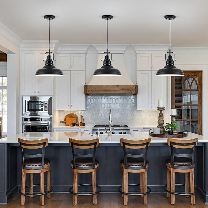 Famrhouse Pendant Light, Black Pendant Light Fixture with Metal Dome Shade, Adjustable Height Hanging Light for Kitchen Island, Living Room, Bedroom
