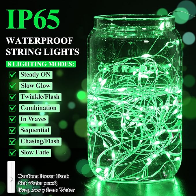 Lakumu Fairy Lights Battery Operated St. Patrick's Day, Rechargeable Copper Wire Battery Powered String Lights with Timer & 8 Modes for Bedroom Christmas Decoration Party Wedding (5M/16FT Green)