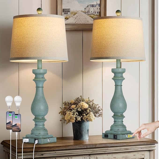 29" Tall Coastal Table Lamps Set of 2,Retro Blue Bedside Lamps with USB C+A Ports & AC Outlet,3-Way Dimmable Touch Lamp for Night Stands Living Room Bedroom,Blue