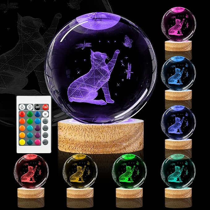 3D Cat Crystal Ball Night Light 3.15In Cat Figurines Glass Ball Lamp with 16 Color and Remote Birthday Christmas Gifts for Women Girl Friends Cat Lover Decor