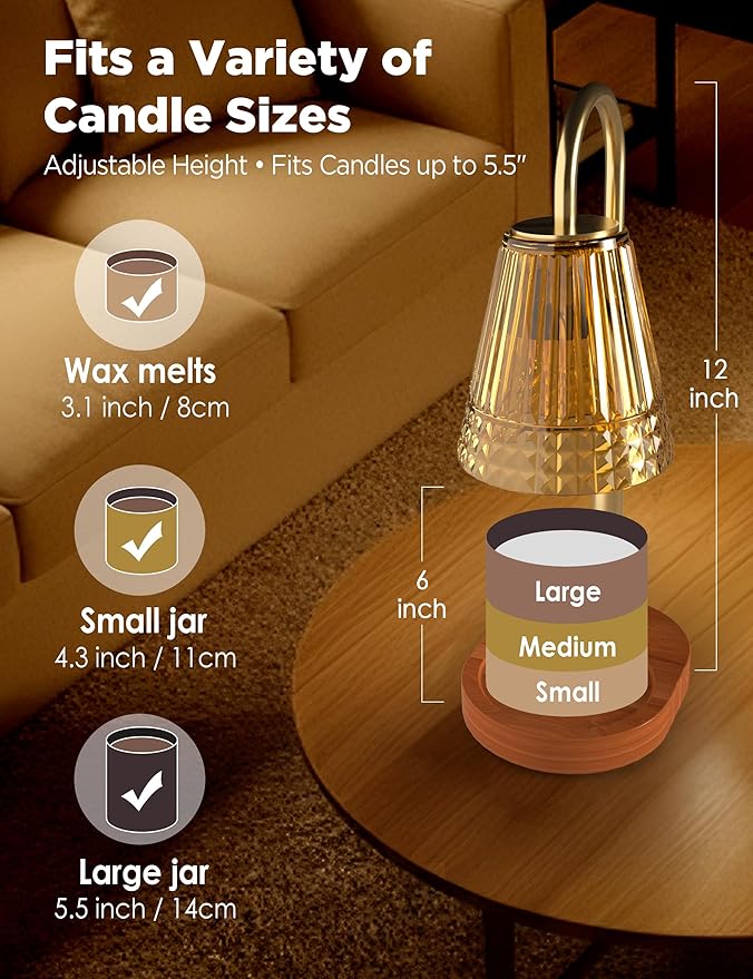 TATAANTY Candle Warmer Lamp with Timer Dimmable, Height-Adjustable Candle Warmer with 2 Bulbs, Gifts for Women, Golden Shade, Wood Base