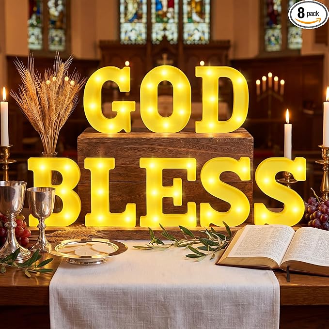 8 Pcs God Bless LED Letter Lights Sign God Bless Baptism Decorations Battery Powered Primera Comunion First Holy Communion Decorations for Baptism Party