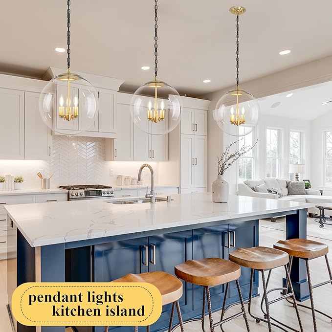 KoKo&Yukina 13.7" Gold Globe Pendant Light Mid Century Pendant Light Clear Glass Pendant Lights Kitchen Island Adjustable Hanging Light Fixture for Dining Room Bedroom Kitchen Island