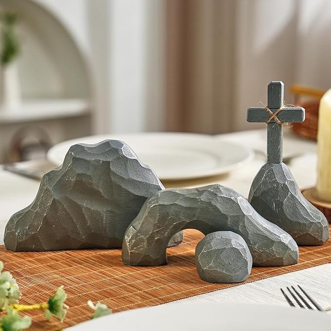 Empty Tomb Easter Decor with Cross, Easter Empty Tomb Resurrection Scene for Christian Decoration, Realistic Rock Resin Sculpture for Religious Display, Home Office Tabletop Tray, Church, Shelf Decor