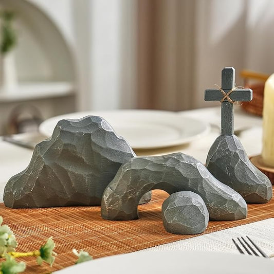 Empty Tomb Easter Decor with Cross, Easter Empty Tomb Resurrection Scene for Christian Decoration, Realistic Rock Resin Sculpture for Religious Display, Home Office Tabletop Tray, Church, Shelf Decor