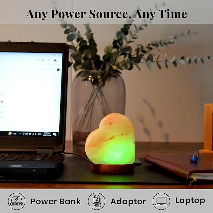 POHS USB Himalayan Mini Heart Salt Lamp, 7 Color Changing LED Bulb, Hand Crafted Crystal Rock Salt Night Light for Home Decor, Desk, and Gift | Premium Quality Wood Base and USB Cable