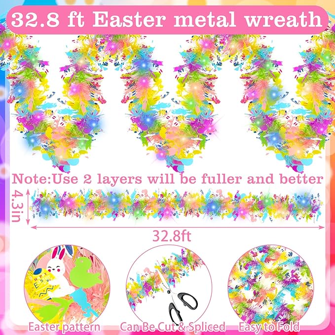 33ft Easter Tinsel Garland with Lights, Colorful Bunny Egg Chick Tinsel Spring Decor, Hanging Easter Decorations for Home Indoor Outdoor Mantle Tree