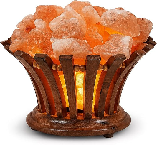 Himalayan Salt Lamp Basket – Salt Lamp with Wooden Bowl – Authentic Himalayan Crystal Night Light – Natural Pink Rock for Bedroom, Living Room, Office and Decor Gift