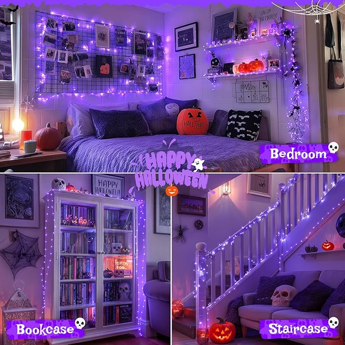 JMEXSUSS 2 Pack Halloween Fairy Lights Battery Operated, Total 200 LED 66ft Purple Christmas Lights with Remoter, 8 Modes Twinkle String Lights Light for Halloween Tree Indoor Outdoor Decorations
