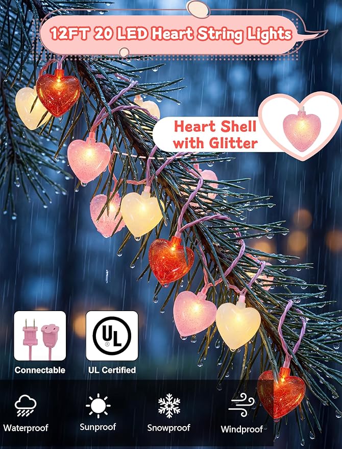 12Ft Heart String Lights, Valentines Day Decorations Lights with 20 LED Glitter Red White Pink Heart Light, Plug in Fairy Lights for Wedding Anniversary Proposal Valentines Day Decor