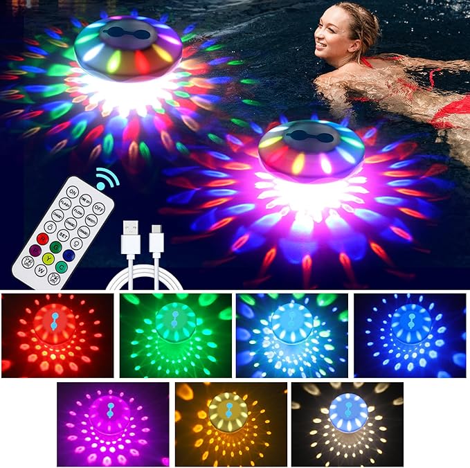 Rechargeable Floating Pool Lights (4 Pack) - Pool Light with Vibrant RGB Colors, IP68 Waterproof Floating Lights, Upper and Lower Color Changing Led Lights for Pools, Hot Tubs and Party